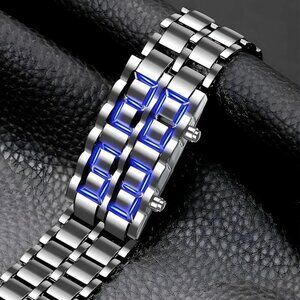 LED Digital Watch, Silver & Blue Stainless Steel Lava Style, Samurai Bracelet